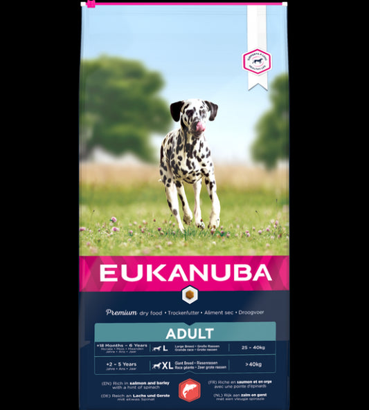 Eukanuba L/XL visavertis pašaras suaugusiems šunims su lašiša ir miežiais, 12 kg