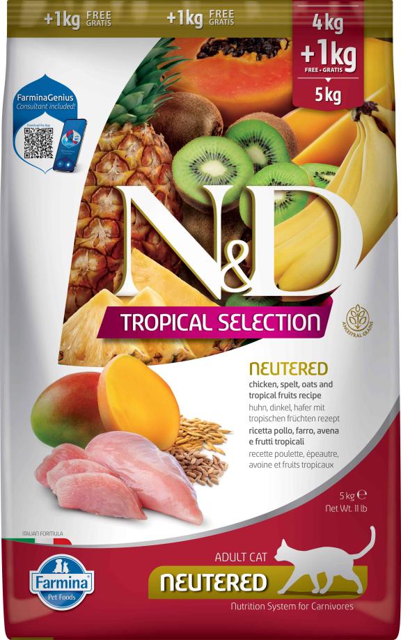 FARMINA N&D TROPICAL SELECTION - CAT Dry Chicken, Spelt, Oats NEUTERED 4+1 kg