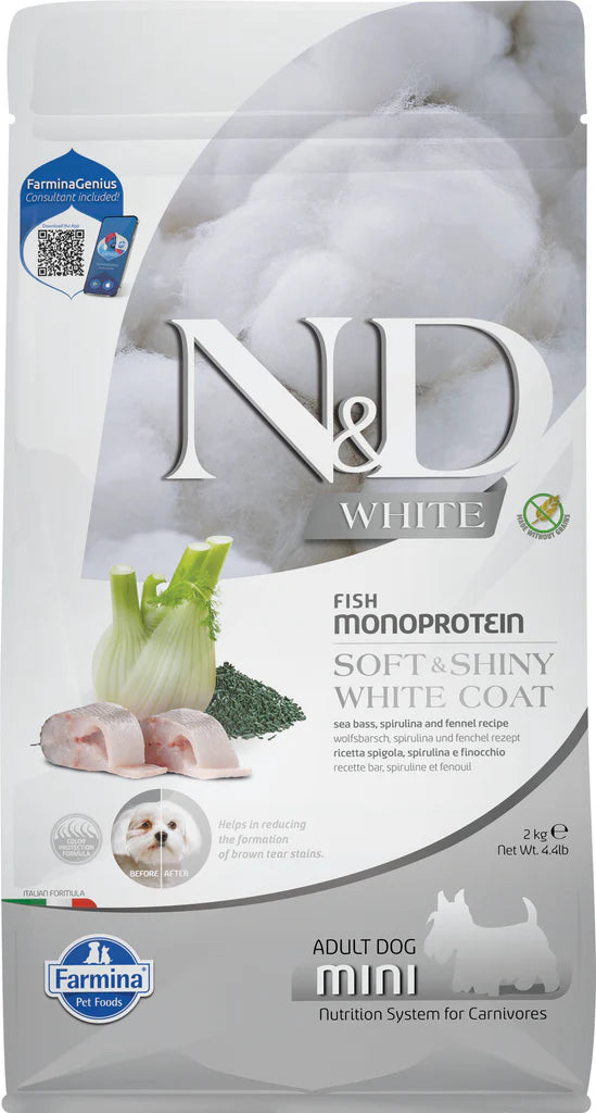 FARMINA N&D WHITE - DOG Dry Sea Bass Spirulina&Fennel ADULT MINI 2 kg