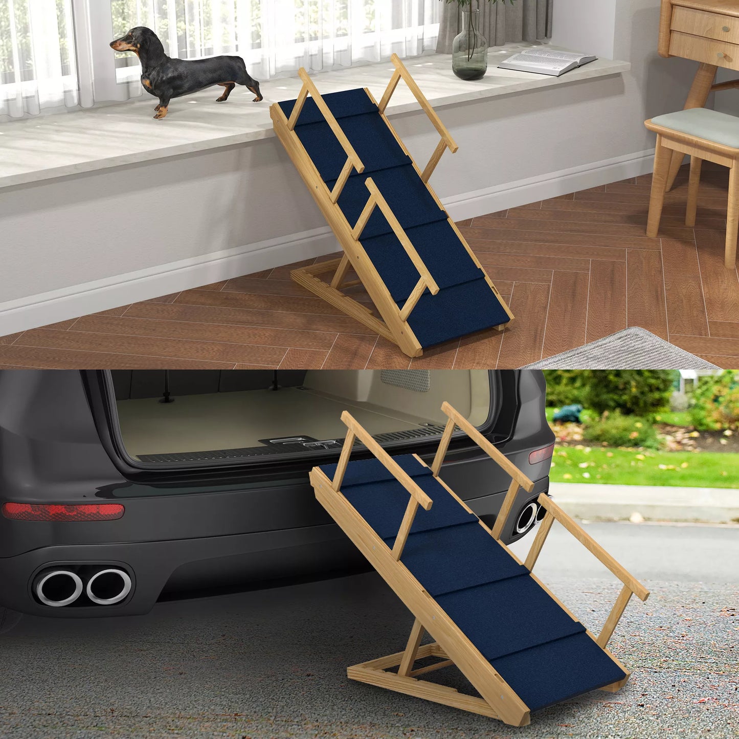 Šunų rampa, reguliuojamo aukščio, sulankstoma, turėklai, skirta šunims iki 40 kg, medinis rėmas, 85 x 40 x 61 cm, juoda