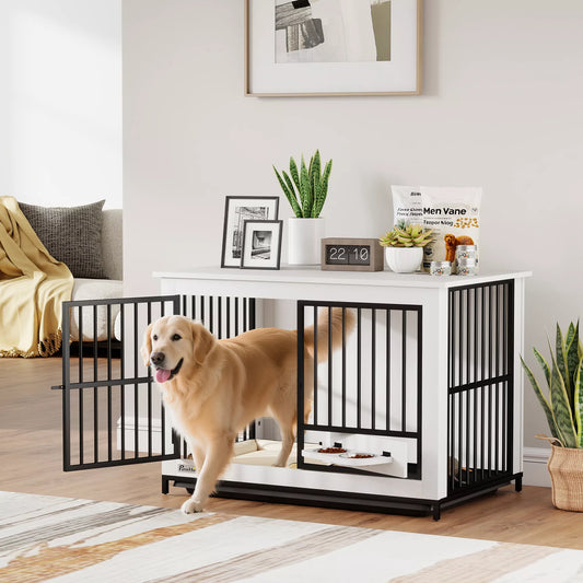 Didelė šunų transportavimo dėžė, lengva prieiga, užrakinama, su pasukamu dubenėlio laikikliu, skirta mažoms ir didelėms šunims, balta