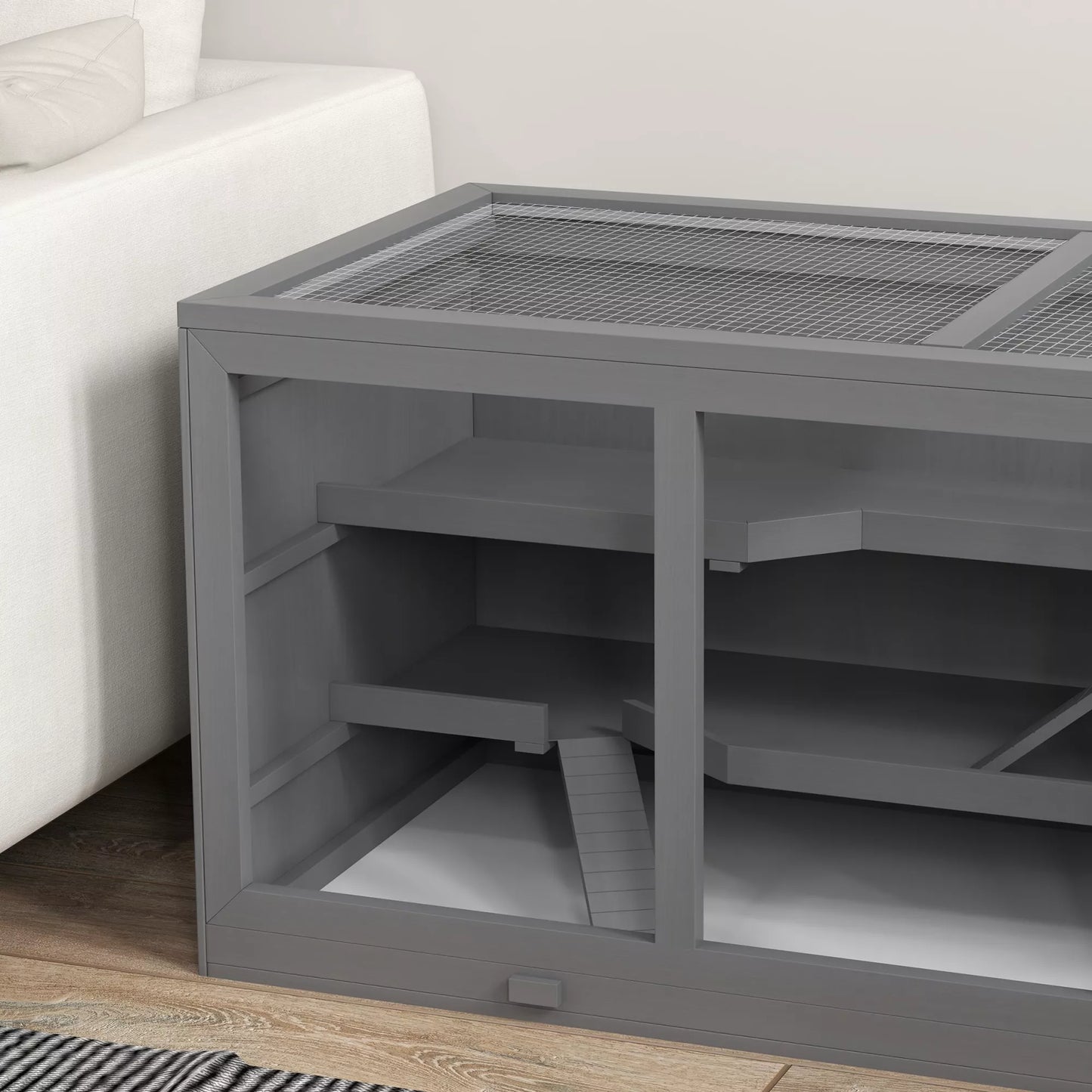 Nykštukinių žiurkėnų narvelis, graužikų narvas, smulkių gyvūnėlių dėžė, užrakinamas, medinis, lengvai prižiūrimas, pilkas