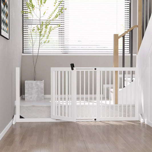 PawHut Medinis laisvai pastatomas šunų atitvaras su durelėmis, konfigūruojamas, tinka židiniui ir krosnelei, baltas 113-166 x 36 x 71 cm