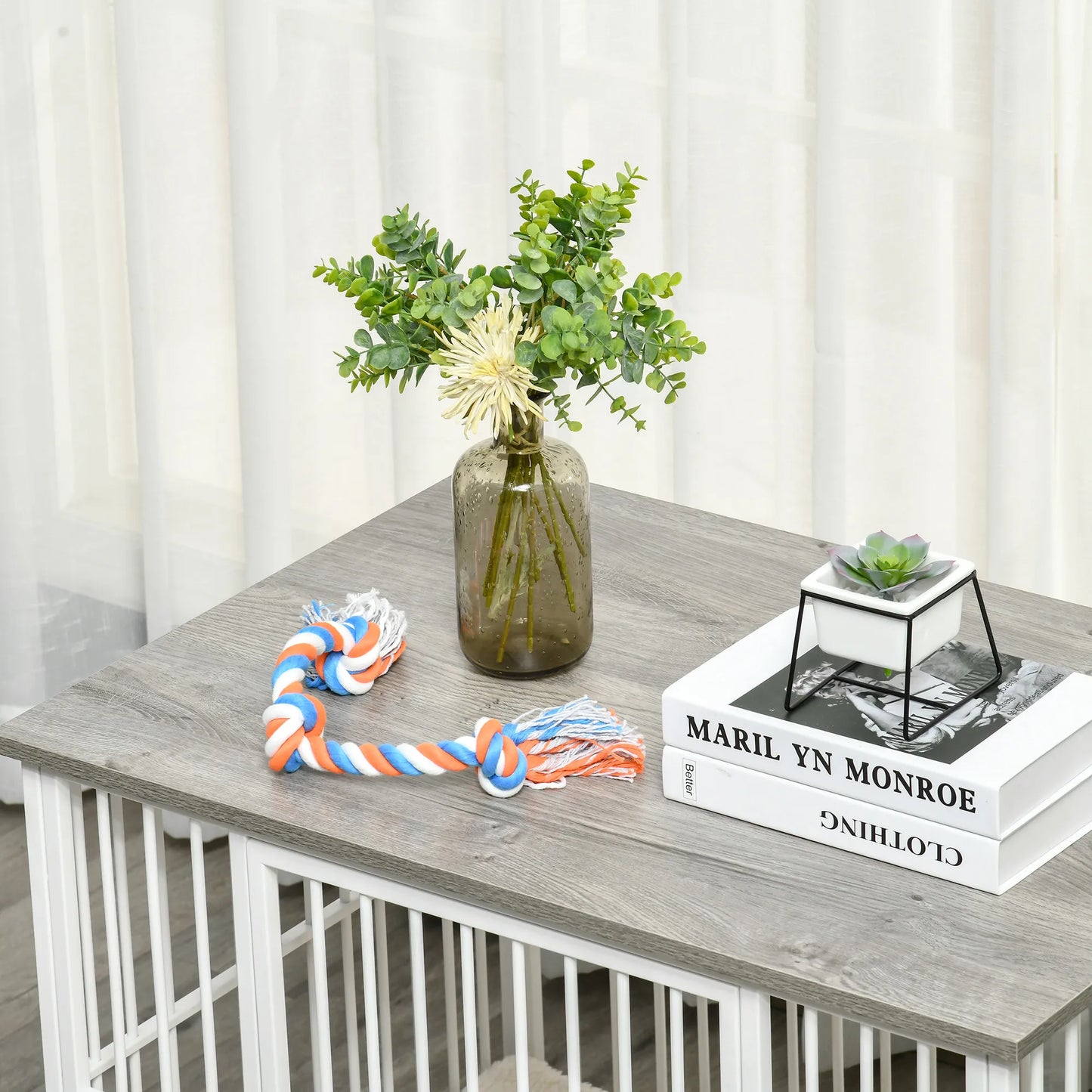 Medinis šunų narvas, šunų transportavimo dėžė su pagalvėle, 86 cm x 60 cm x 70 cm, medžio drožlių plokštė, plienas, balta + pilka