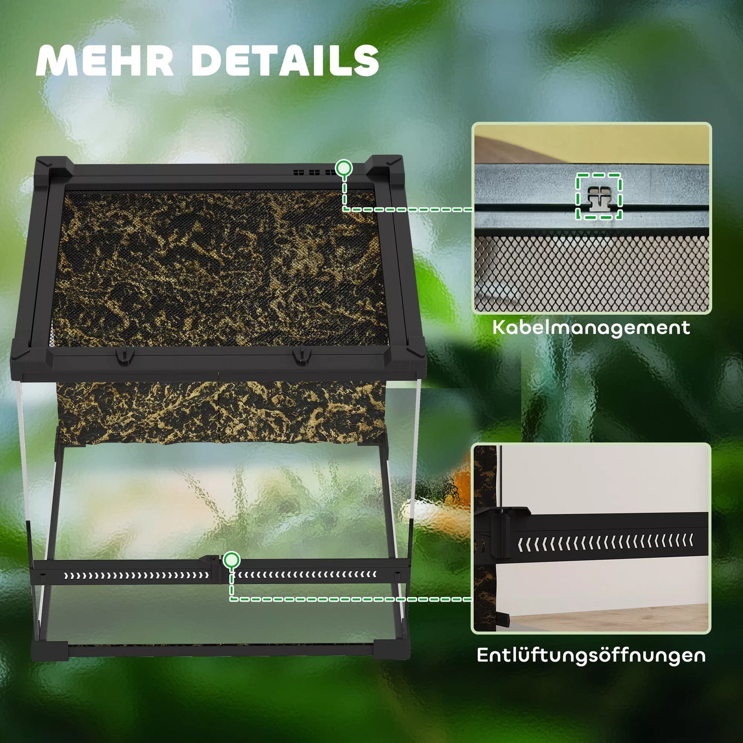 Stiklinis terariumas ropliams, pakeltas ir vandeniui atsparus dugnas, mygtukinė spyna