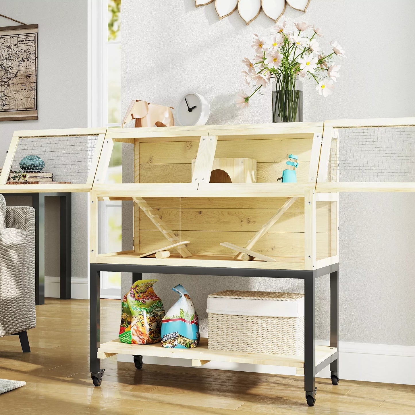 Medinis narvelis nykštukiniams žiurkėnams su laikymo skyriumi, ratukais, rampomis, vandens buteliuku, nameliu, sūpynėlėmis, 87 x 43 x 101cm