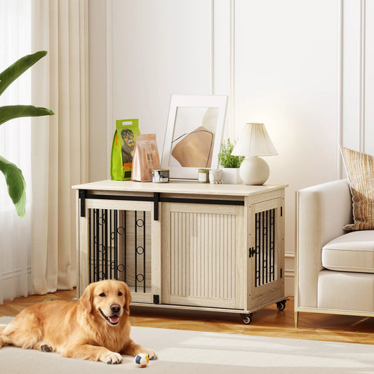 Šunų dėžė su ratukais, stumdomos durys, 100 x 56 x 65 cm, mediena, plienas