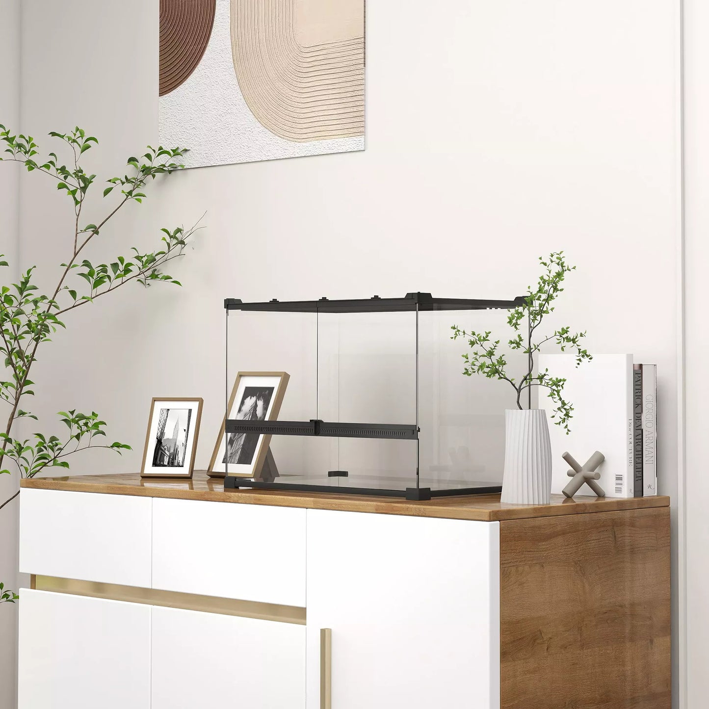 Stiklinis terariumas ropliams, pakeltas ir vandeniui atsparus dugnas, mygtukinė spyna