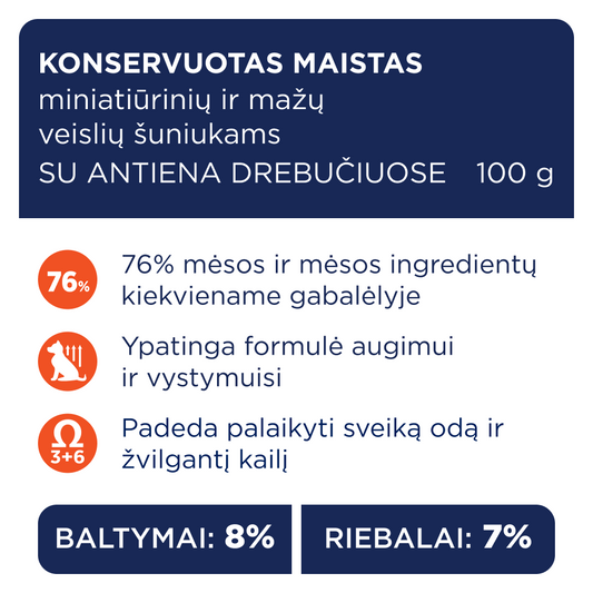 CLUB 4 PAWS Premium konservuotas ėdalas miniatiūrinių ir mažų veislių šuniukams su antiena drebučiuose 12x0.1 kg sudėtis
