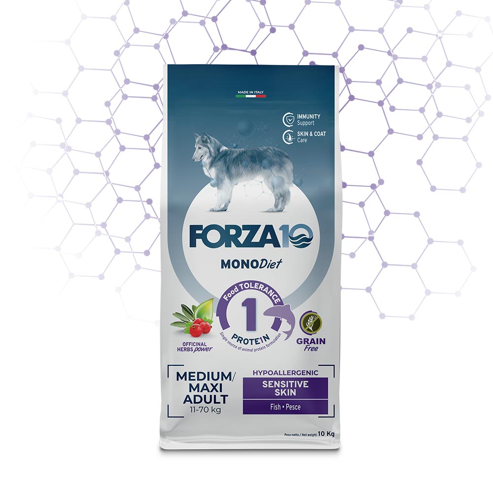 FORZA10 Medium/Maxi Diet Sensitive Skin begrūdis su žuvimi. 10 kg