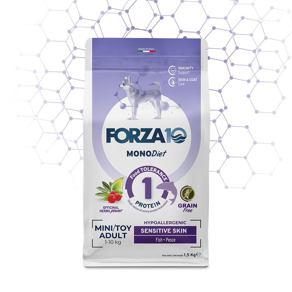 FORZA10 Mini/Toy Diet Sensitive Skin begrūdis su žuvimi. 1.5 kg