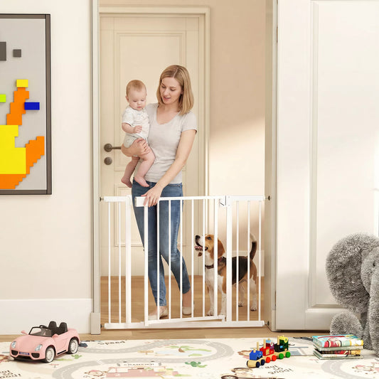 Laiptų apsauginė grotelė be gręžimo su automatiniu uždarymu vaikams, virtuvės laiptams, 76–103 x 76 cm, balta