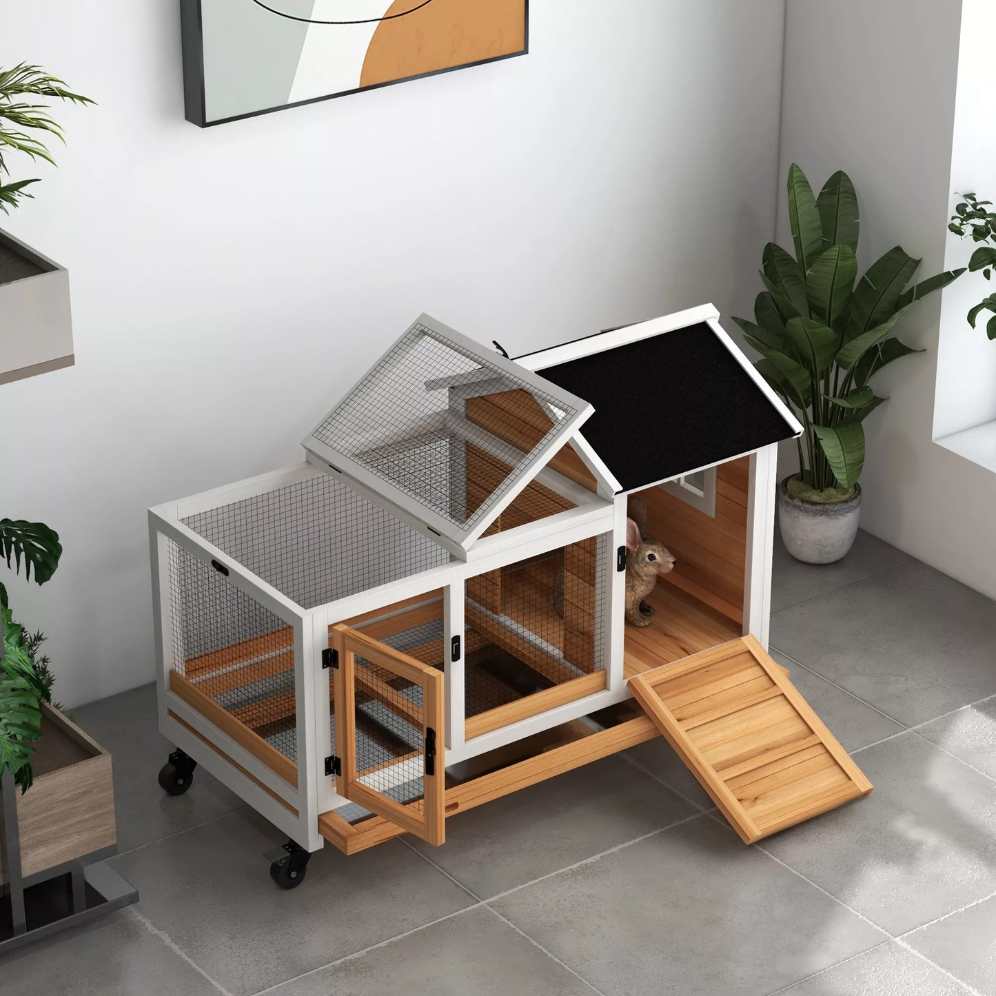 Gyvūnėlių narvas, skirtas nykštukiniams triušiams, jūrų kiaulytėms, su ratukais, 108 x 58 x 73,5 cm, Geltonas