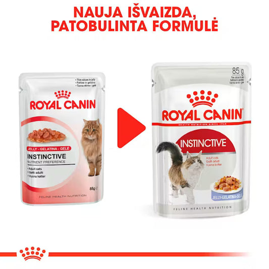 Instinctive drėgnas pašaras katėms Royal Canin (ploni griežinėliai drebučiuose) naujas pakuotės dizainas