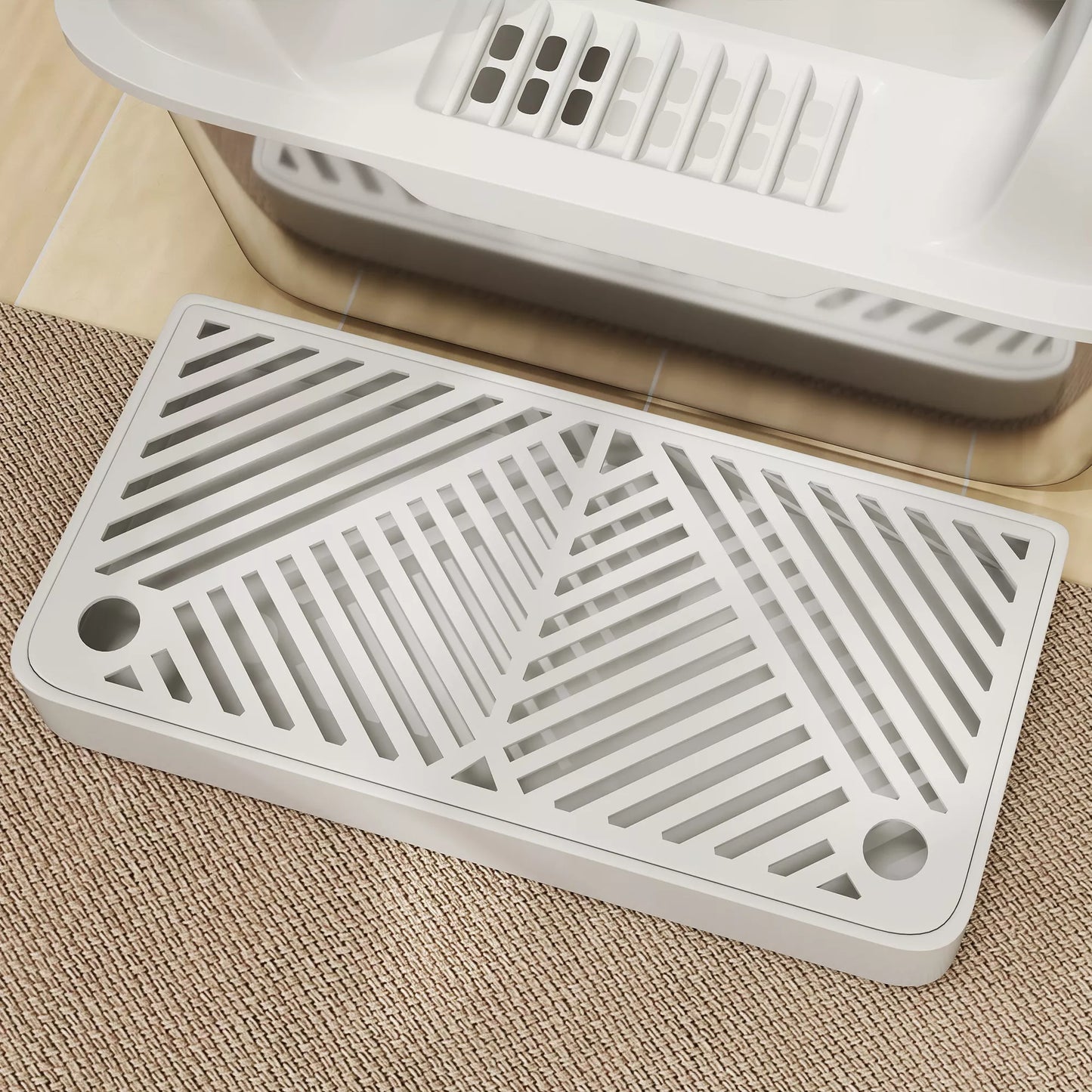 Katės tualetas, nerūdijančio plieno, aukštos sienelės, laikymo dėžutė, šviesiai pilkas