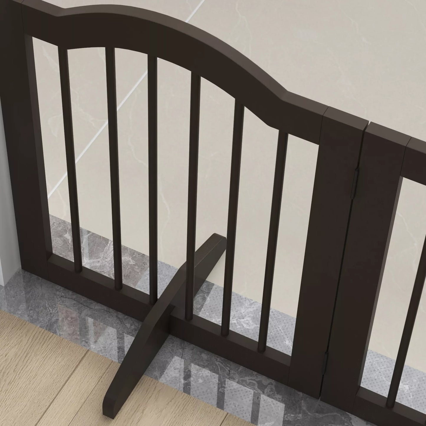 Suņu drošības barjera, 3 paneļi, salokāma, masīvkoka un MDF, 154,5 x 29,5 x 61 cm, kafijas krāsā