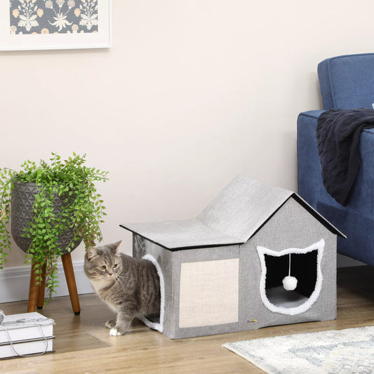 Cat house with scratching post, with toy ball, cat cave, 65 cm x 41 cm x 45.5 cm, Brown + White + Beige