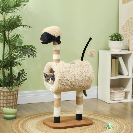 Katės medis avies dizaino, su draskykle, tuneliu ir žaislu, 98 cm, šviesiai rudas