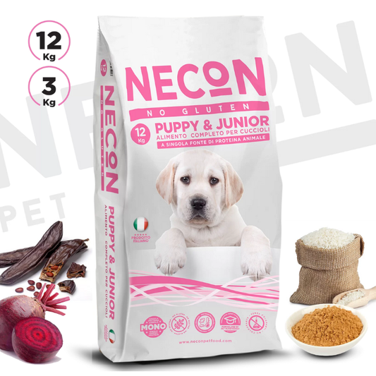 Necon No Gluten Puppy & Junior sausas pašaras šuniukams be gliuteno subalansuota sudėtis