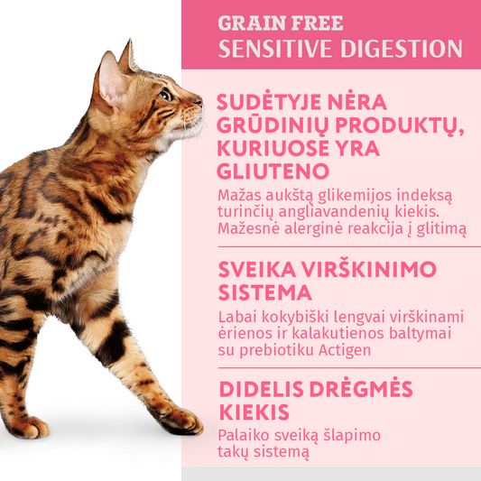 OPTIMEAL™ begrūdis konservuotas pašaras suaugusioms katėms su ėriena ir kalakutiena, jautriam virškinimui 12x0.085 kg privalumai