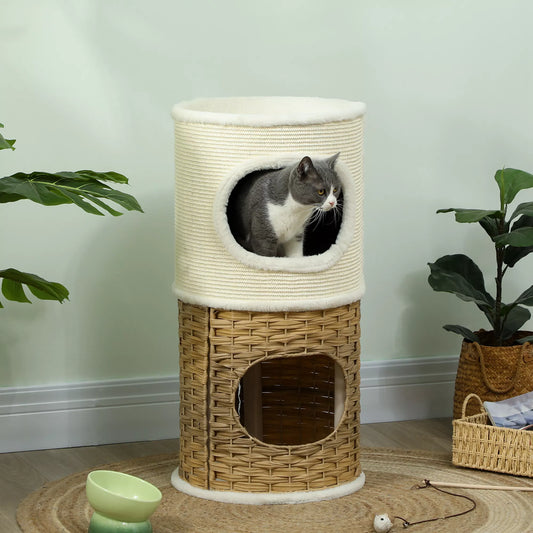 Cat scratching post, 80 cm high, Ø 40 cm, three-tiered, with plush edge, cream white