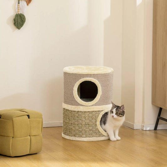 Kačių draskymo statinė, 49 cm aukščio, Ø35,5 cm, dviejų aukštų su pliušiniu kraštu, draskymo kilimėlis, 2 guoliai, chaki+kavos spalvos