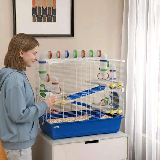 Narvas žiurkėnams su tuneliais ir priedais, 4 aukštų, 78x45x73 cm (mėlynas)