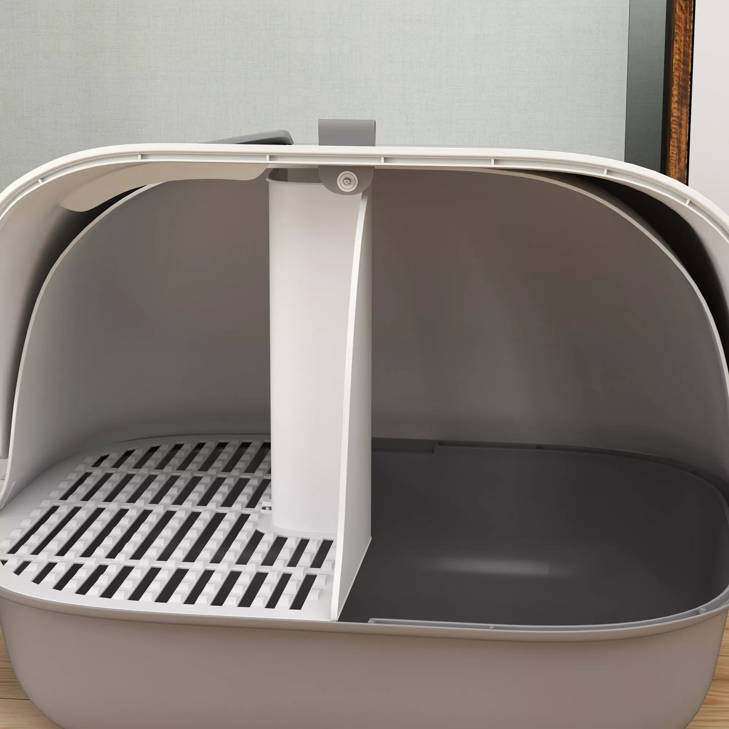 Katės tualetas su dangčiu ir vidiniu lataku, durelėmis, kastuvėliu, lengvai valomas, plastikas, šviesiai pilkas