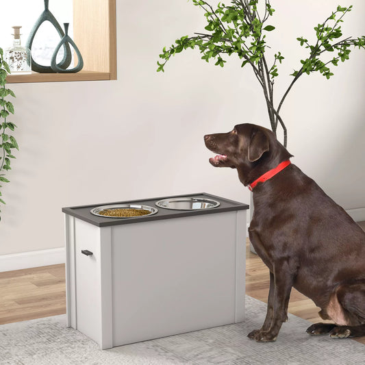 Maitinimo stotelė su paaukštintais maisto indais, 1 laikymo vieta, 2 nerūdijančio plieno dubenėliai, 60 x 30 x 42cm, balta + pilka