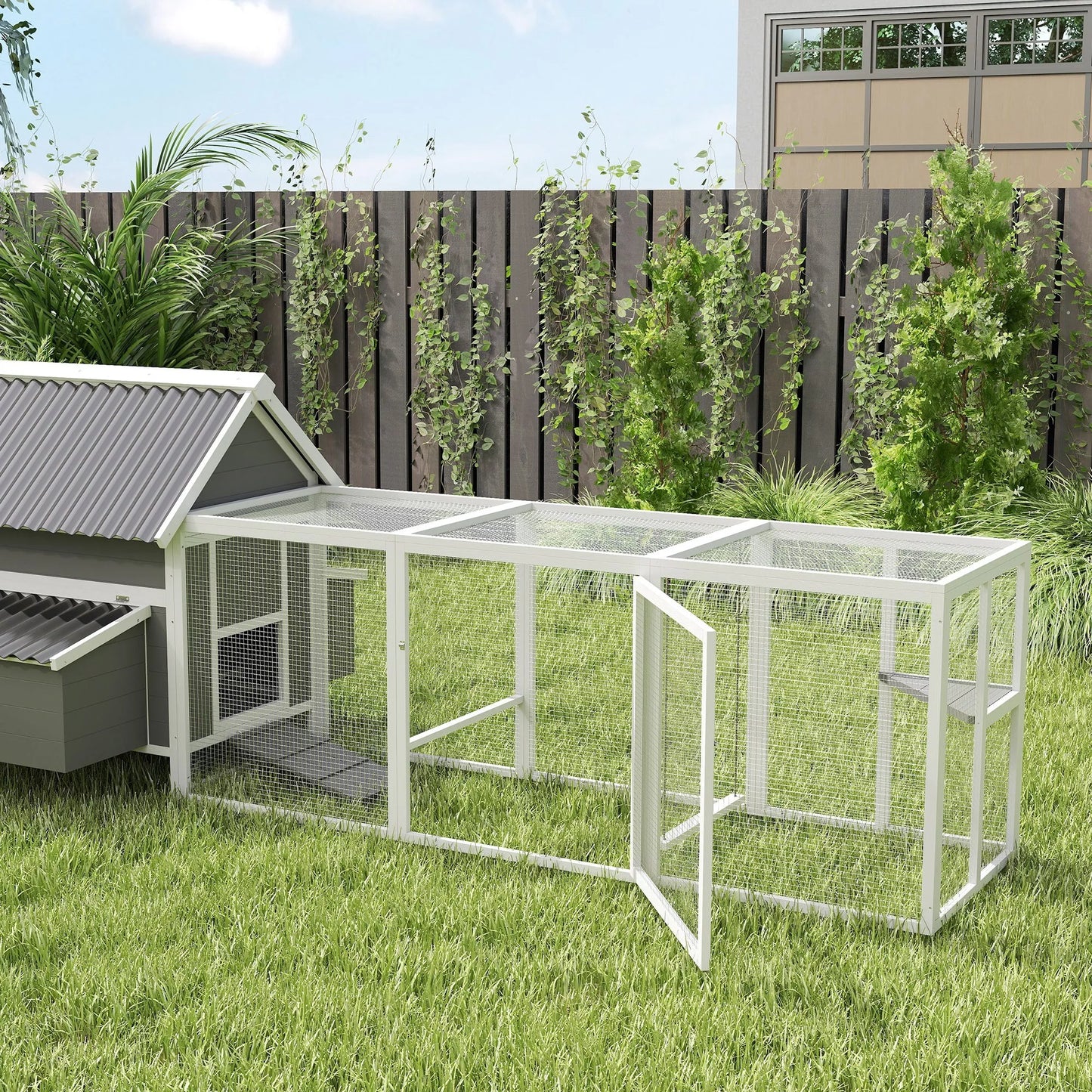 Didelis vištidė 7–10 vištoms, sėdynės, sūpynės, langai, lizdai, vielos tinklas, pilkos spalvos