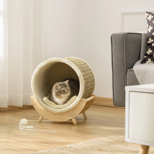PawHut Cat Cave with Scratching Surface, Includes Cushion, Scratching Post, 41 cm x 38 cm x 43 cm, Natural + Beige