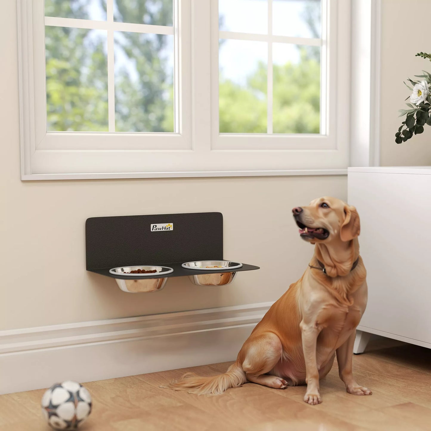 Šunų dubuo, reguliuojamo aukščio, sieninis dubuo su 2 x 800 ml nerūdijančio plieno dubenėliais, 42 x 23,5 x 14 cm, juodos spalvos