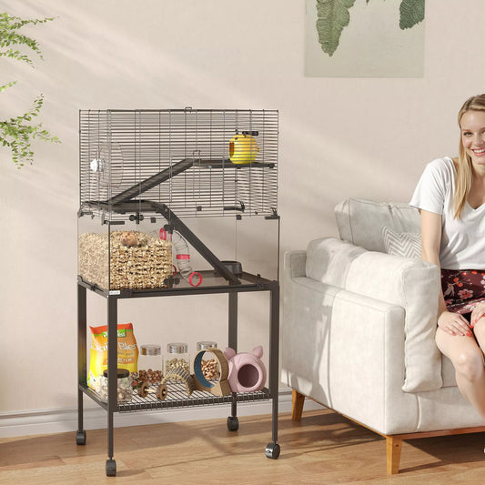 Hamsterio narvelis, 3 aukštų narvelis smulkiesiems gyvūnams, bėgimo ratas, namelis, platformos, rampos, pašaro dubuo, vandens butelis, priedai, plienas, plastikas, juoda spalva