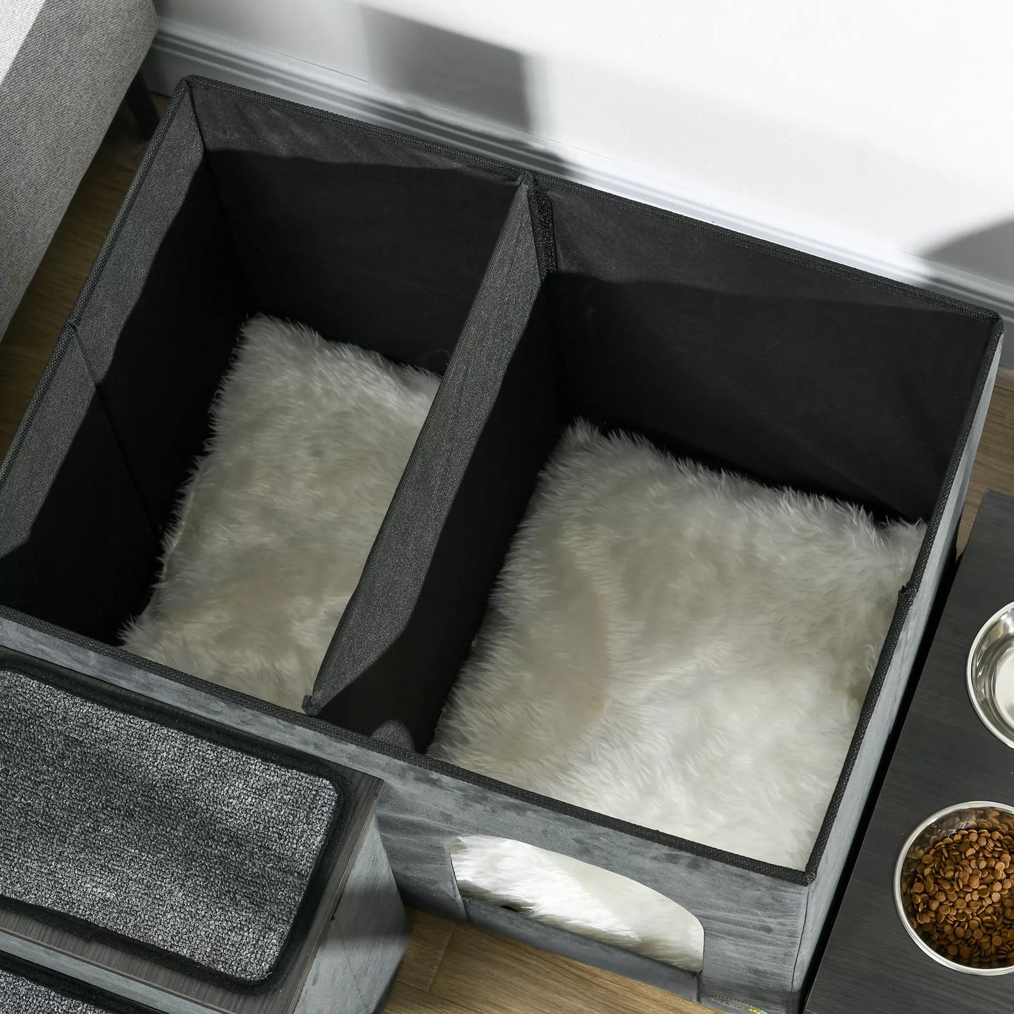 Kaķu mājiņa, būdiņa, gulta, 3 pakāpieni mājdzīvniekiem, 2 barības/ūdens bļodas, 70 x 50 x 51 cm, pelēka