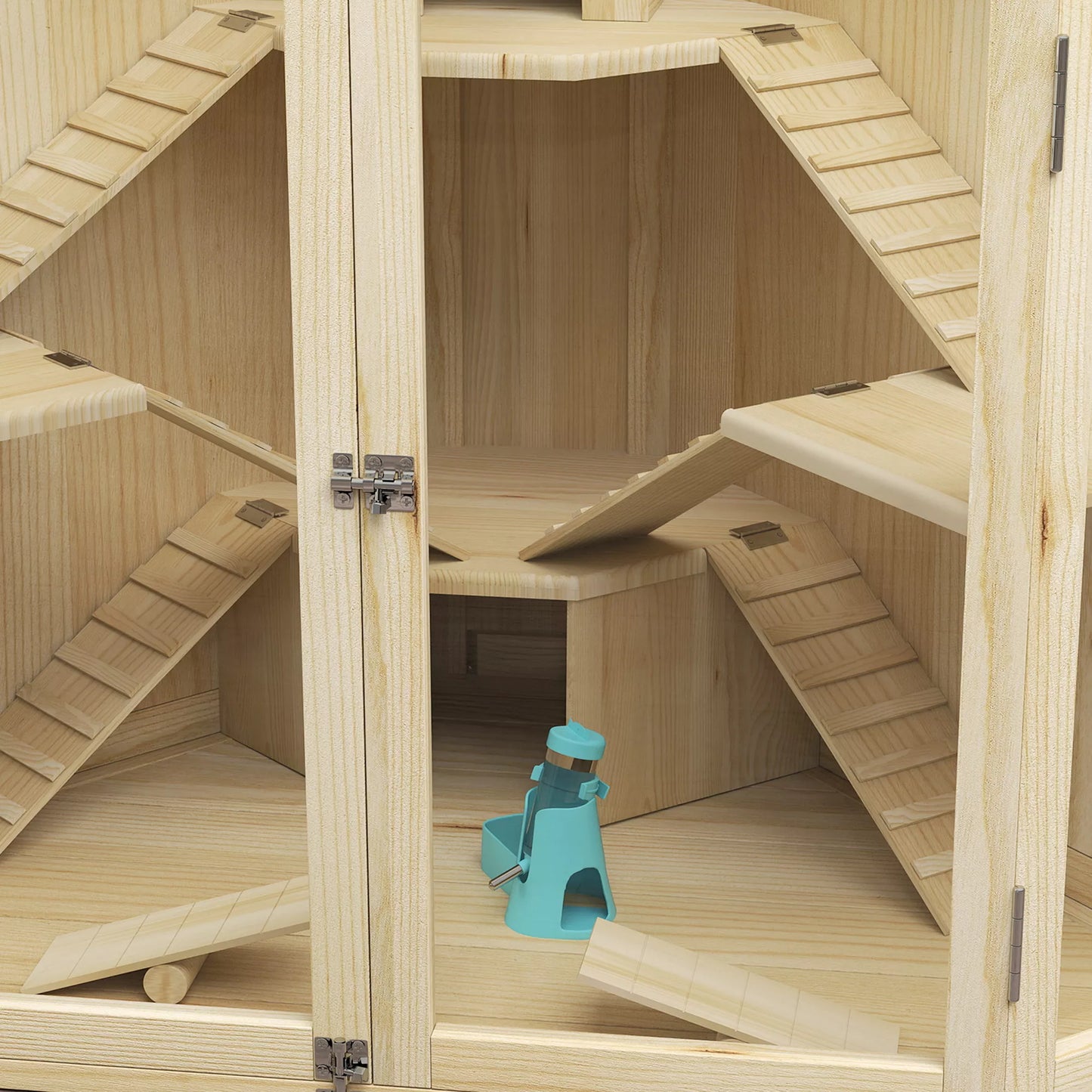 Hamsterio narvas, 4 lygių dizainas, su šėrimo stotele, sūpynėmis, rampos, nameliais, 115 x 69,5 x 79 cm, medinis