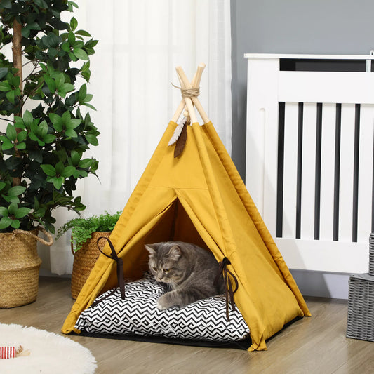 Pet bed, playful teepee design, with soft sleeping cushion and floor mat, for dogs and cats, 60 x 60 x 76 cm