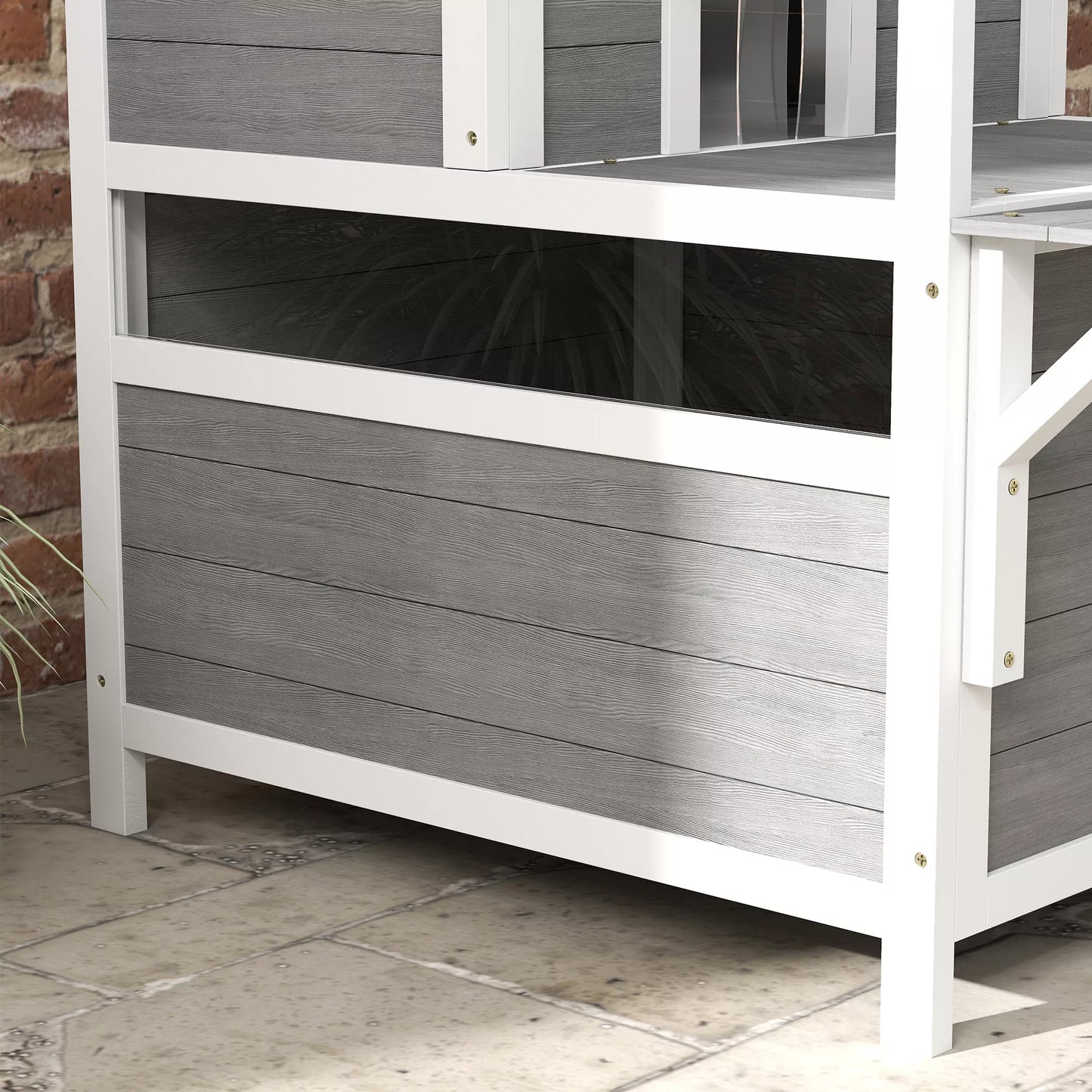 Divstāvu kaķu māja ar balkonu, laikapstākļiem izturīga kaķu būda, aizsardzība pret lietu un sauli, lietošanai iekštelpās un ārā, gaiši pelēka