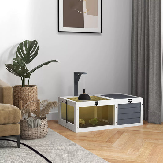 Vėžlių namelis, roplių dėžė su 2 kambariais, dangčiu, plastikiniais dubenėliais, langais, medžiu, pilka spalva