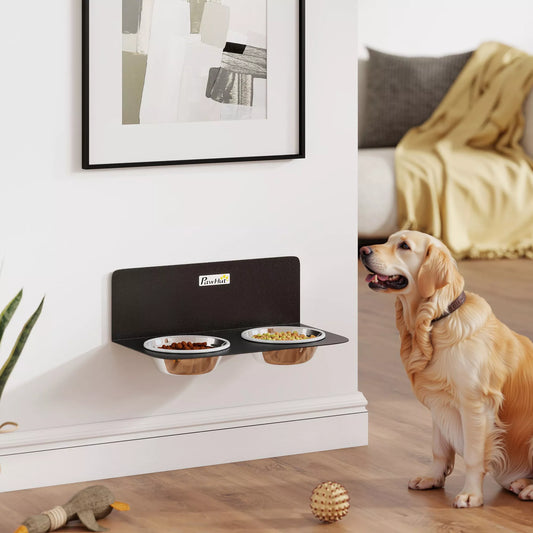 Šunų dubuo, reguliuojamo aukščio, sieninis dubuo su 2 x 800 ml nerūdijančio plieno dubenėliais, 42 x 23,5 x 14 cm, juodos spalvos