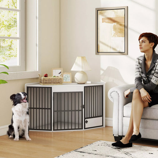 Šunų dėžė, laikymo erdvė mažiesiems ir vidutinio dydžio šunims, gyvūnų laikymo dėžė, maitinimo durelės, MDF, metalas, balta