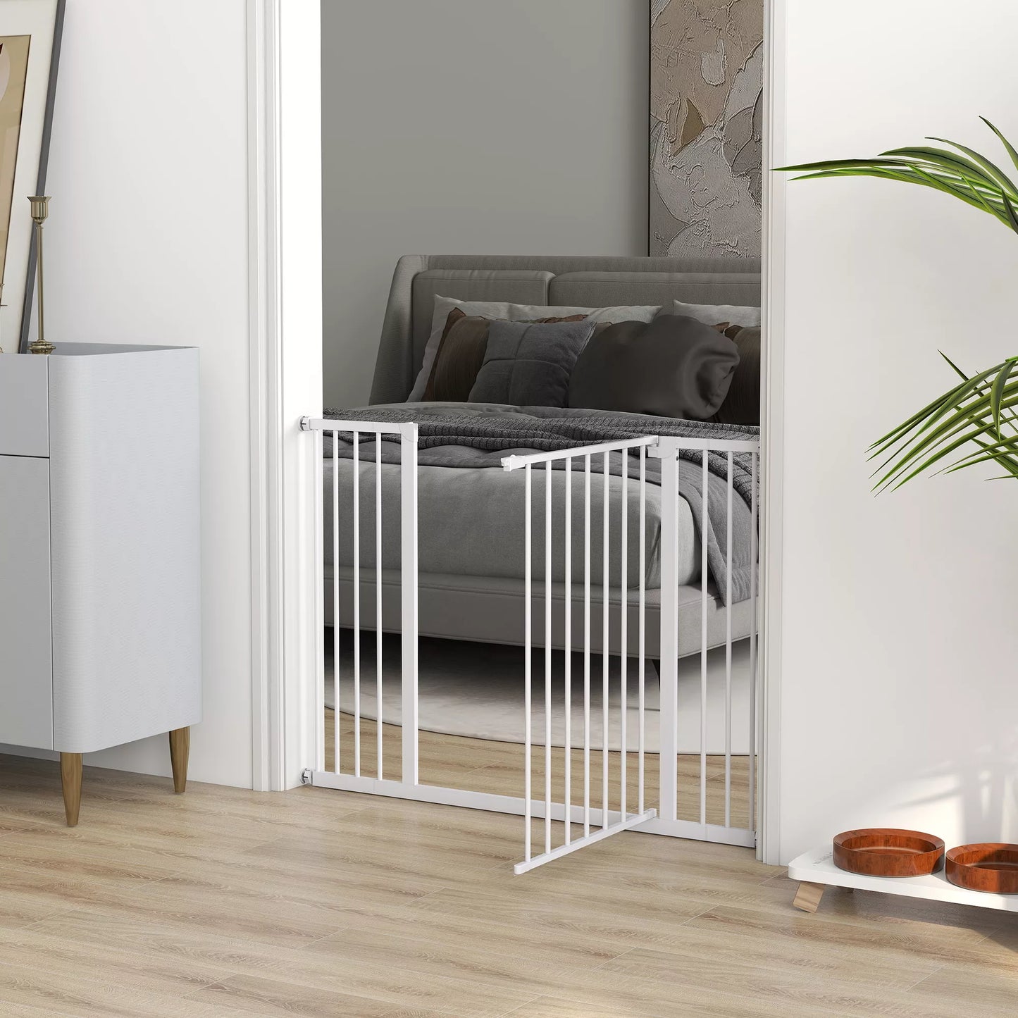 Apsauginiai varteliai durims, laiptų apsauginiai varteliai be gręžimo, atitvaras šunims, apsauginiai varteliai augintiniams, varteliai šunims, tvirtinimas spaustuvu, metalas, baltas, 76-107 x 76 cm