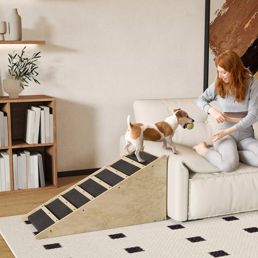 PawHut Gyvūnų laipteliai, šunų laipteliai, pušies mediena, neslystanti danga, 90 cm x 40 cm x 45 cm, Natūrali + Pilka