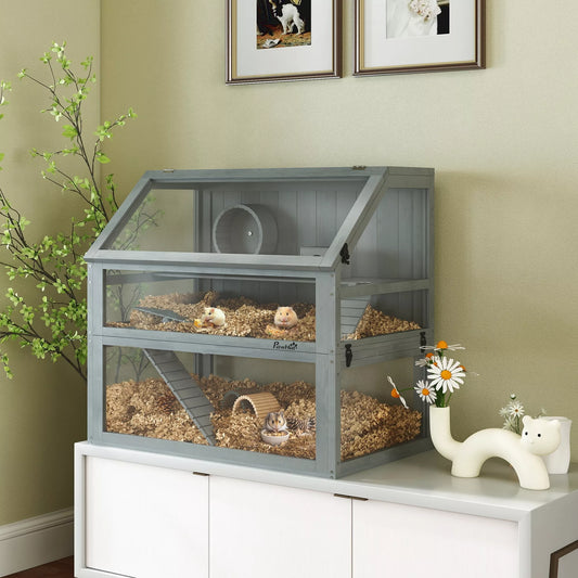 Koka māja kāmīšiem, 3 stāvu ar lielu dibenu, noņemamiem līmeņiem, maziem dzīvniekiem, 80x50x76cm, gaiši pelēka