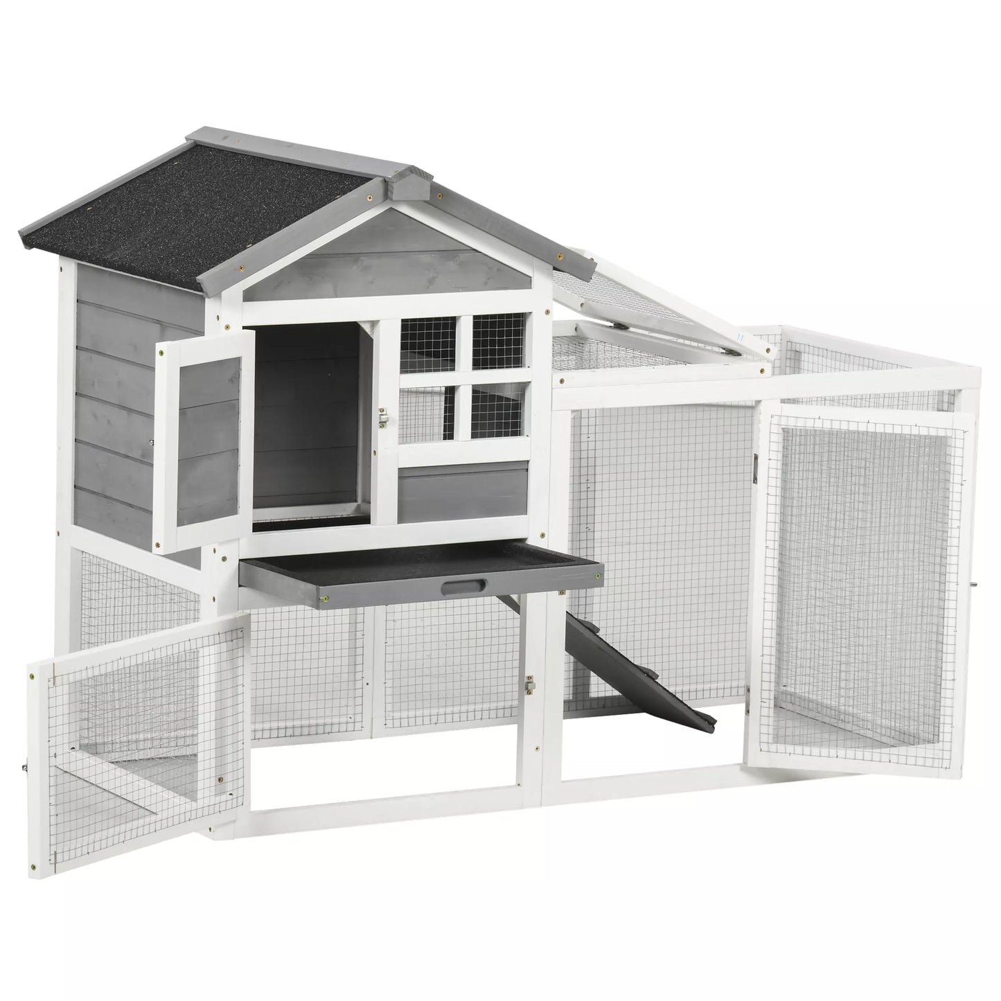 Smulkių gyvūnėlių namelis, triušių namelis, lauko aptvaras, namelis, rampos, ištraukiami padėklai, balta + pilka