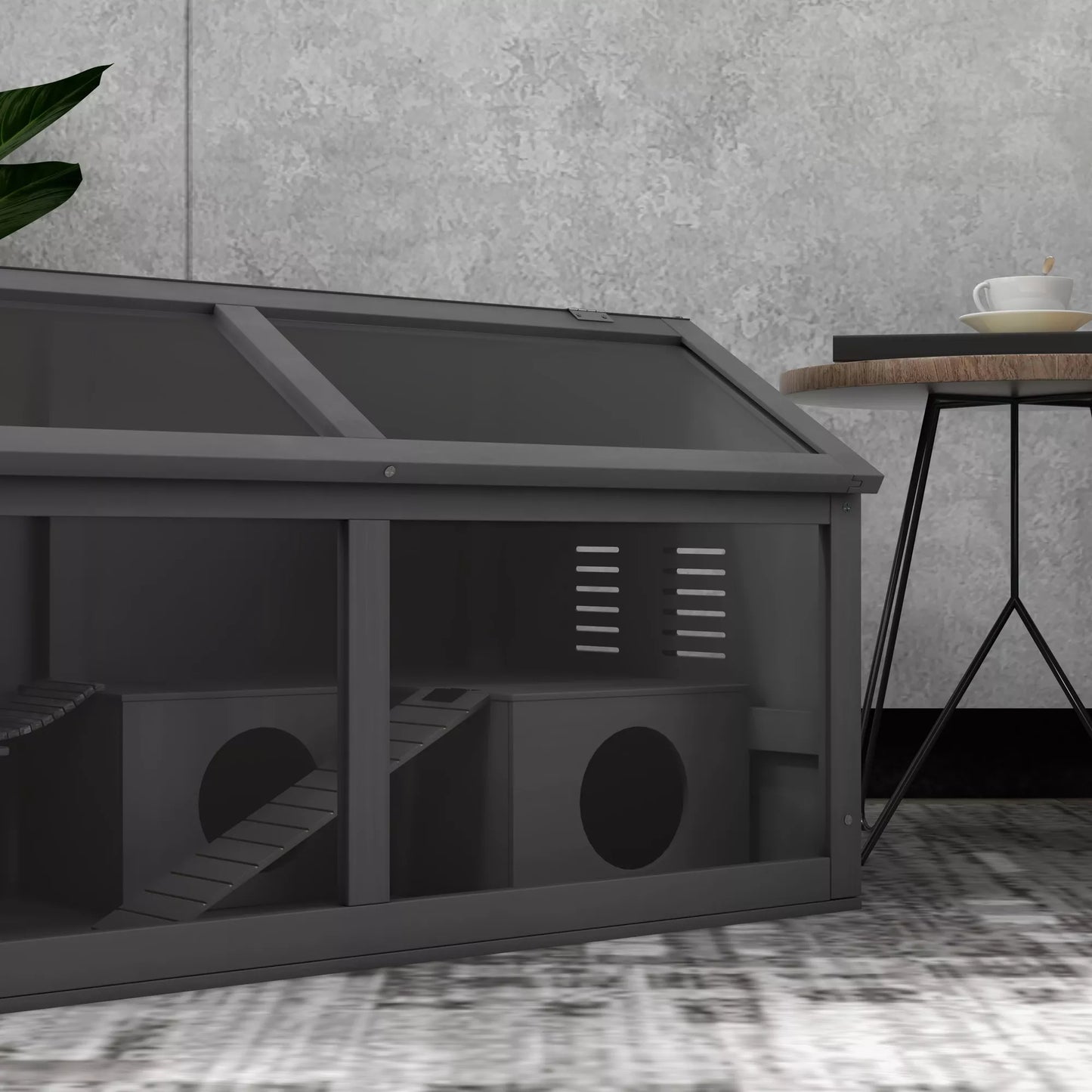 Hamsterių narvas, medinis smulkių gyvūnėlių narvas, kabantis tiltelis, laipteliai, namelis, 84 x 45 x 44 cm, smulkiesiems žiurkėnams, pilkos spalvos