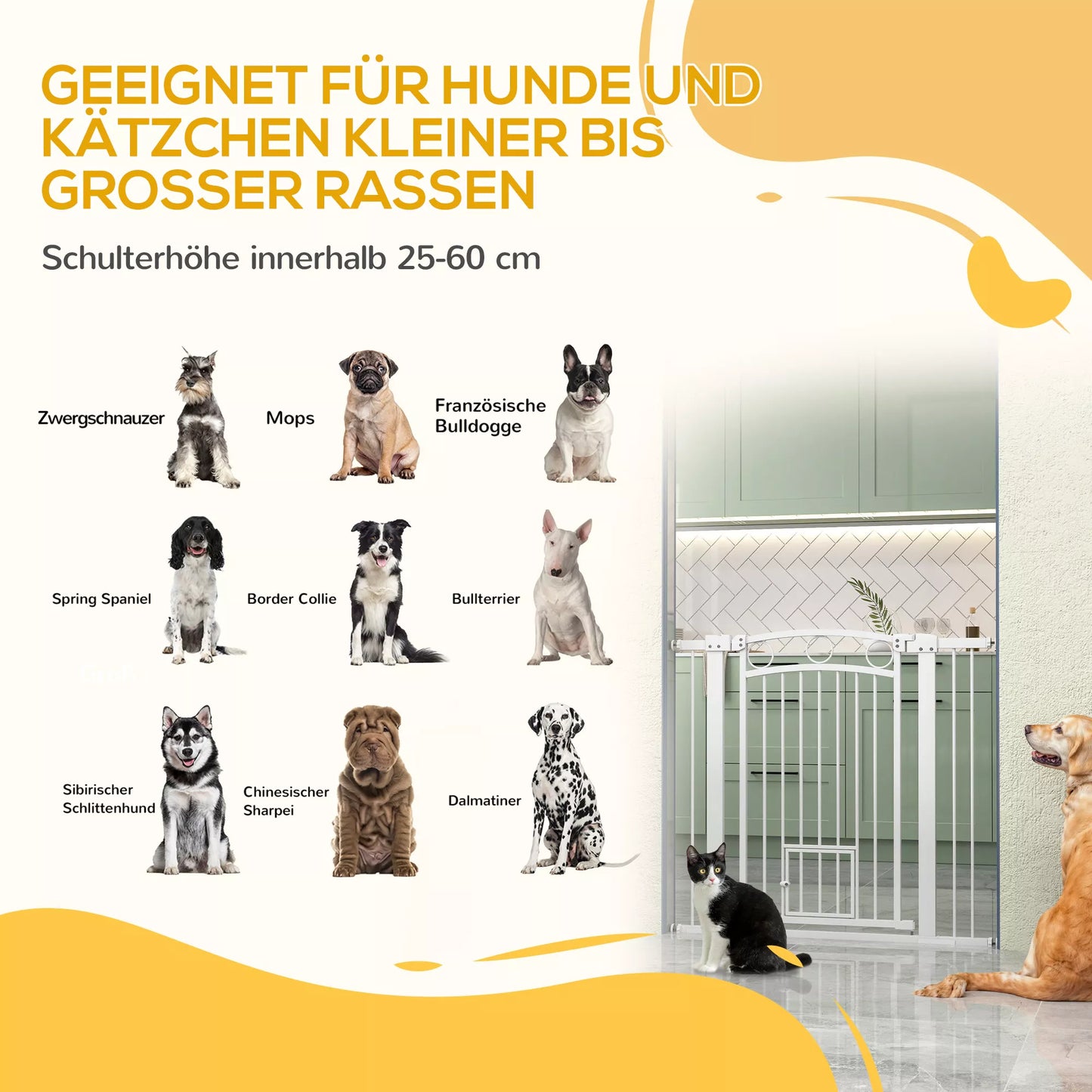 Mājdzīvnieku vārtiņi, 96 cm, drošības vārtiņi kāpnēm, regulējams platums 76-104 cm, ar kaķu durvīm, kāpnēm un durvju ailēm, balti