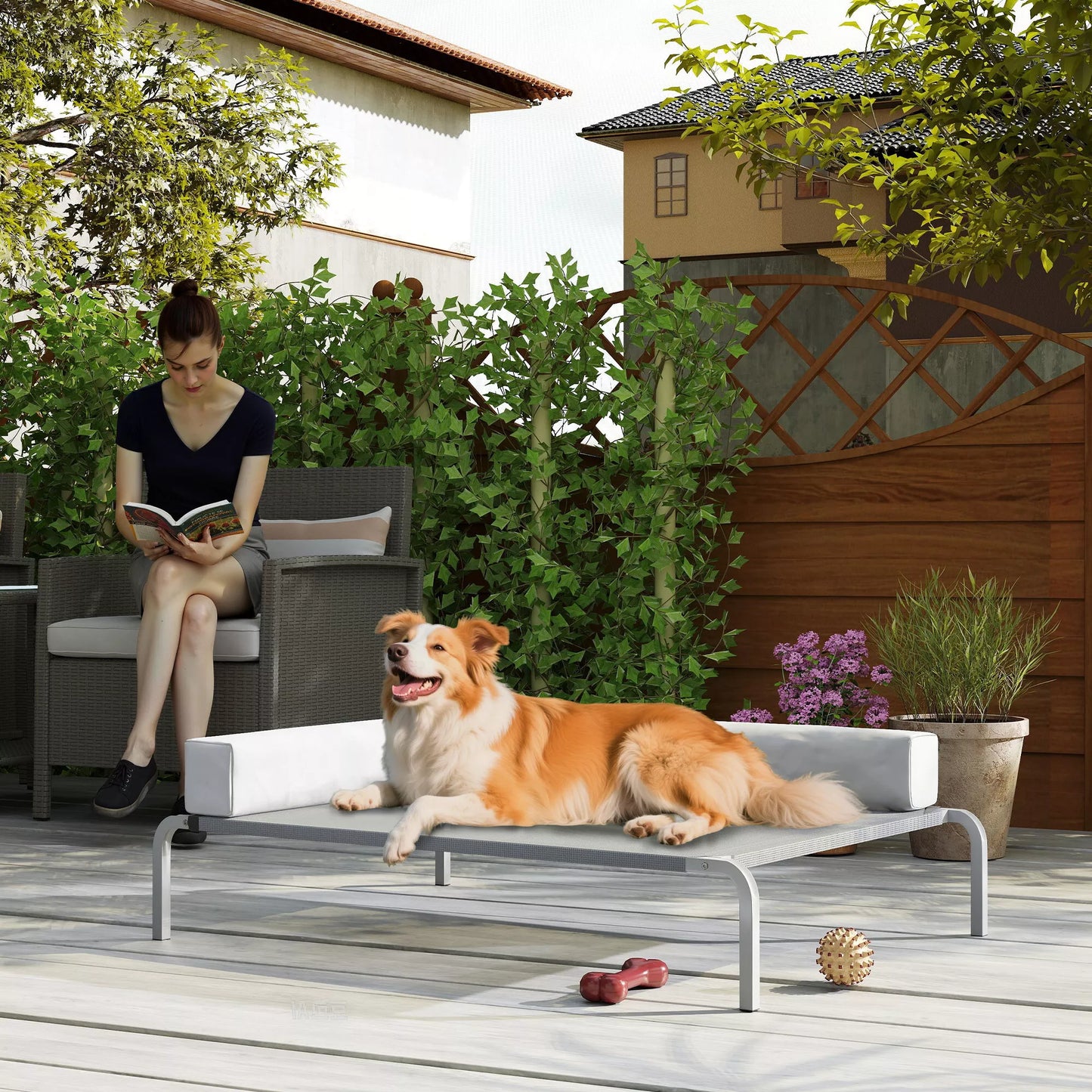 Āra suņu gulta, paaugstināta suņu gulta vidēja lieluma suņiem, ar L-veida spilvenu, 110x75x30cm, gaiši pelēka