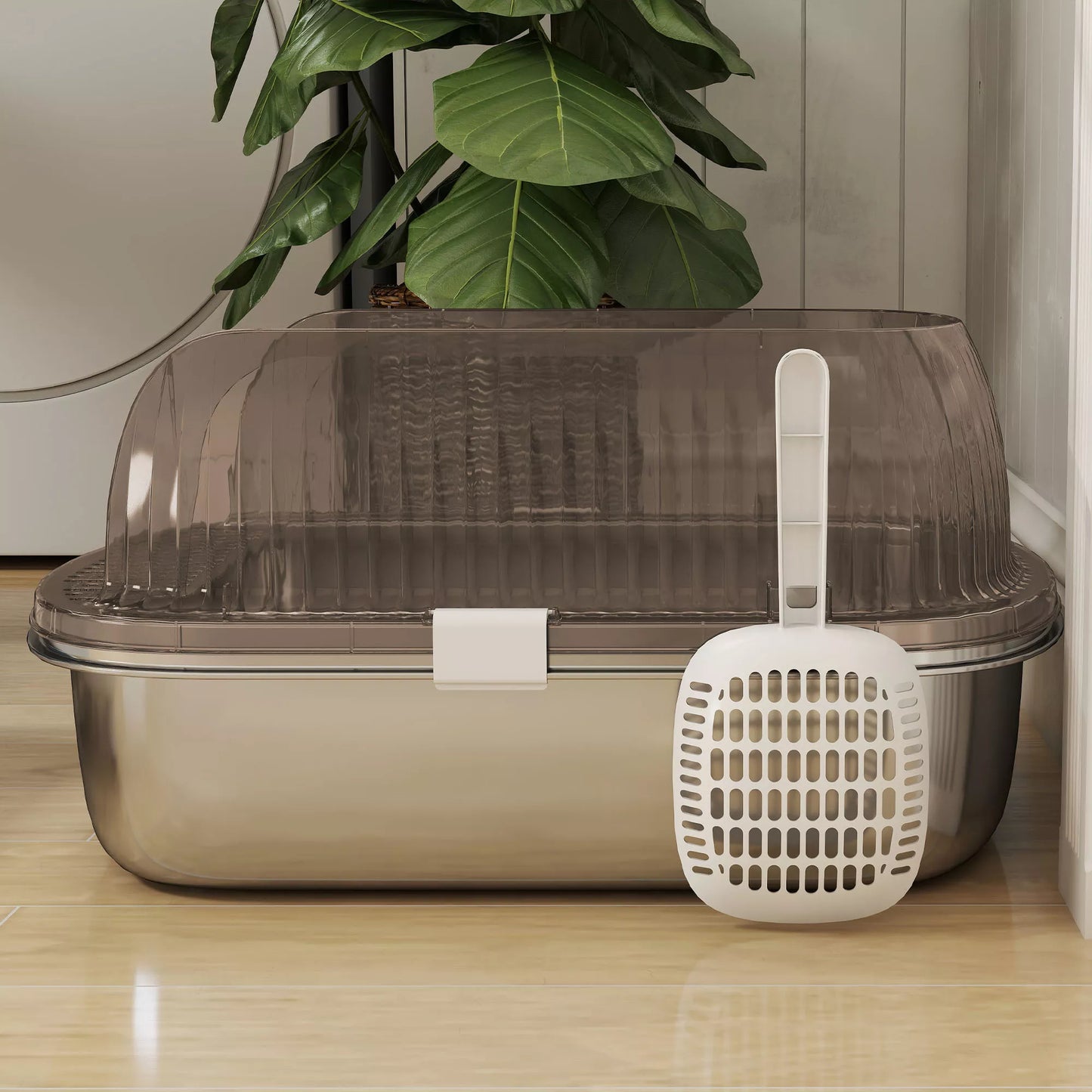 Nerūdijančio plieno tualetas didelėms katėms, vonelė su aukštu kraštu ir samteliu, plienas, 53 x 42 x 27 cm, anglies pilka