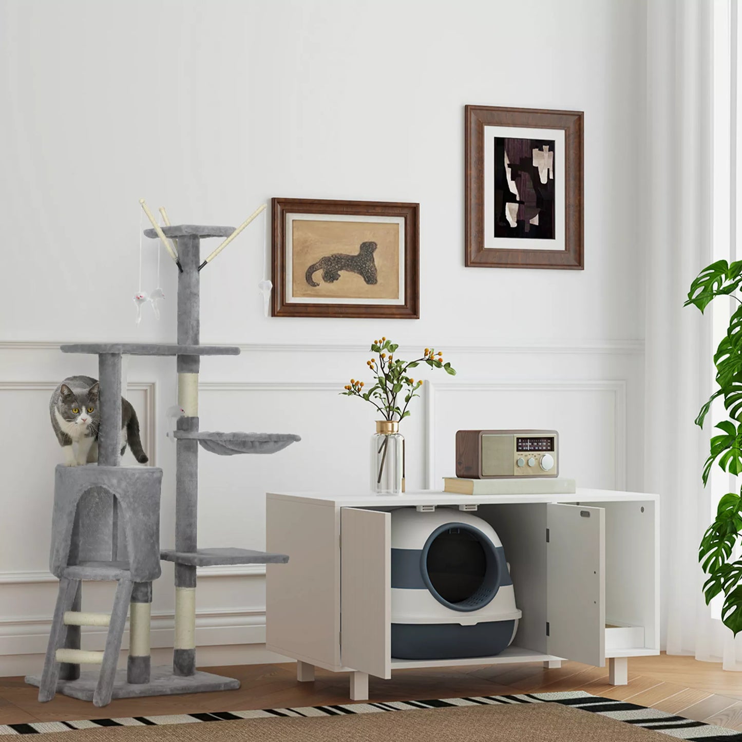 Katės tualetas, su kraiko kastuvėliu, įėjimas su dugno grotelėmis, nuimamas dangtis, balta+pilka, 52 x 41 x 38 cm