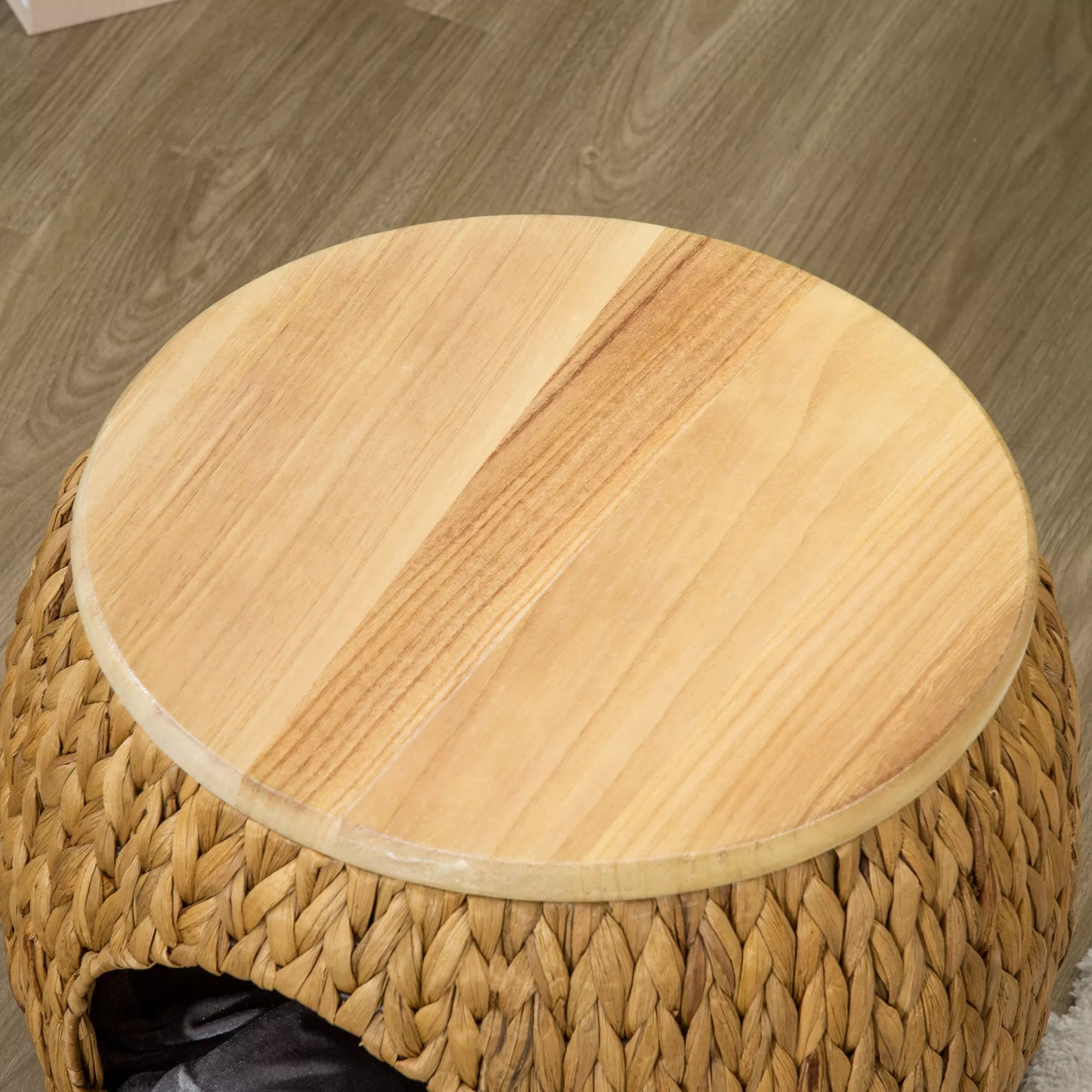 Kaķu mājiņa no ūdens hiacintes zāles, mazgājams spilvens, 44 cm x 43 cm x 42 cm gaiši brūna + dabīgs koks + pelēka